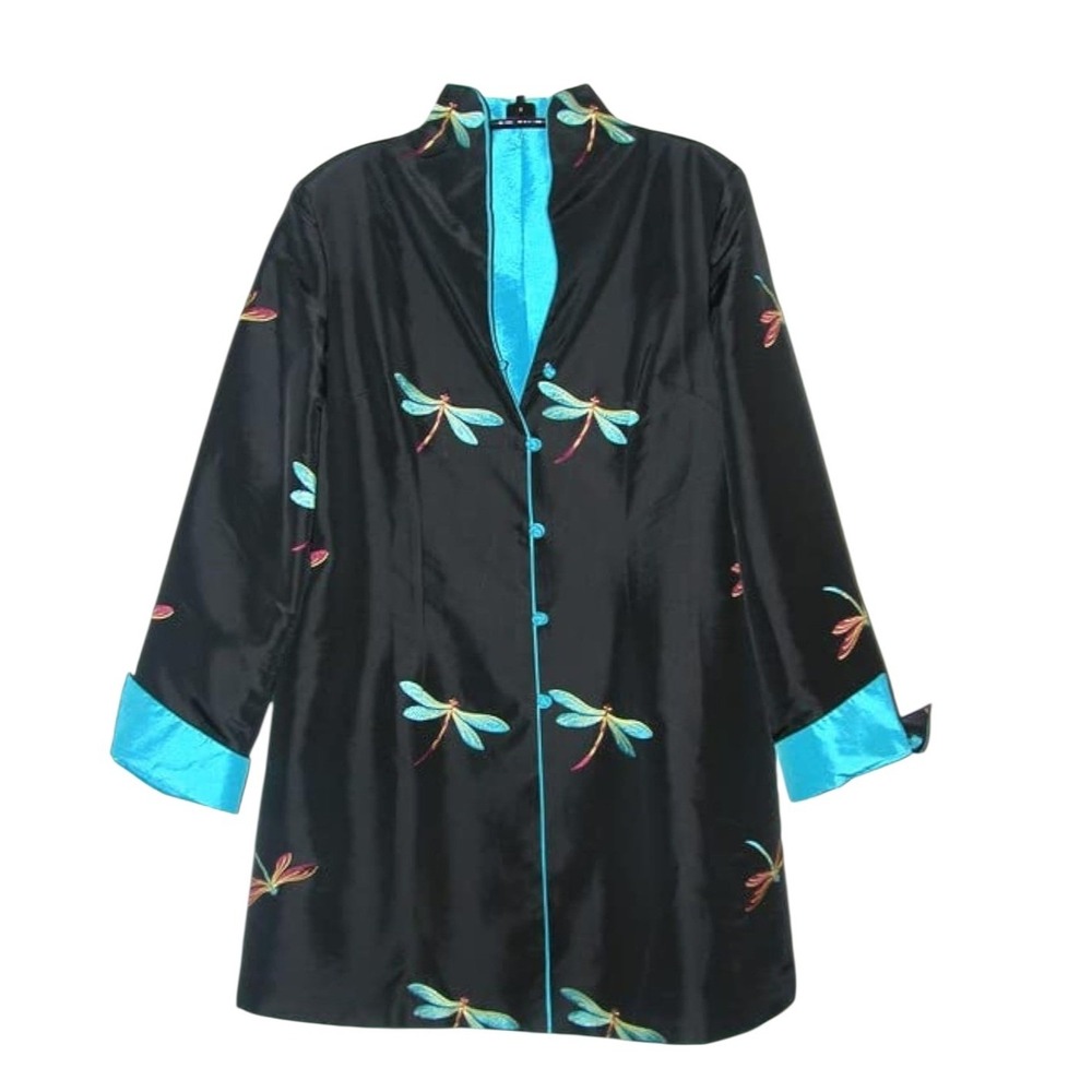 LA CERA Women's 3X Satin Dragonfly Embroidered Asian Mandarin Collar Cardigan